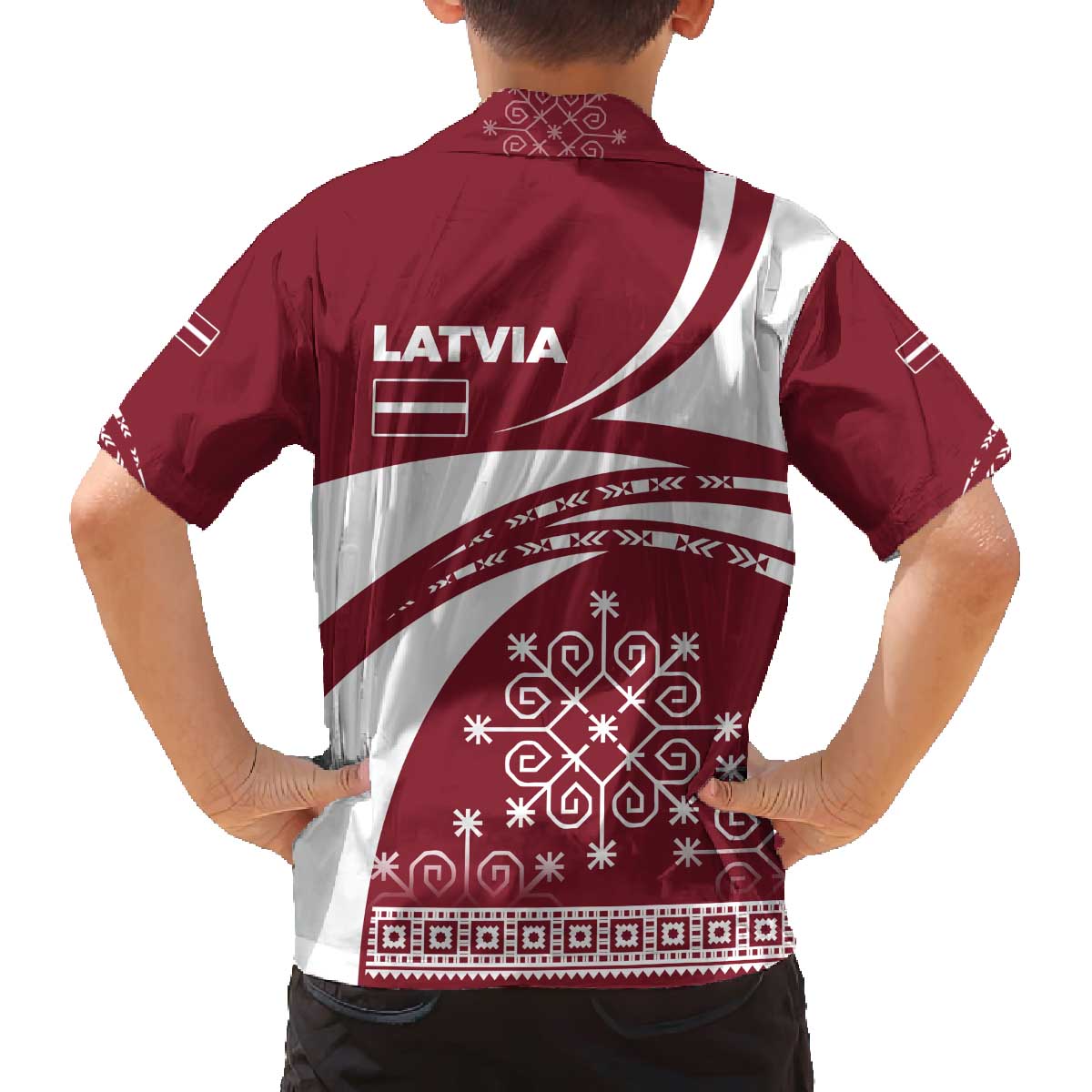 Latvia Family Matching Off The Shoulder Long Sleeve Dress and Hawaiian Shirt with National Coat of Arms and Traditional Folk Patterns