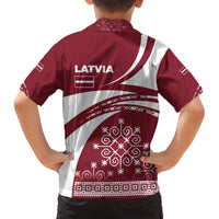 Latvia Family Matching Off The Shoulder Long Sleeve Dress and Hawaiian Shirt with National Coat of Arms and Traditional Folk Patterns
