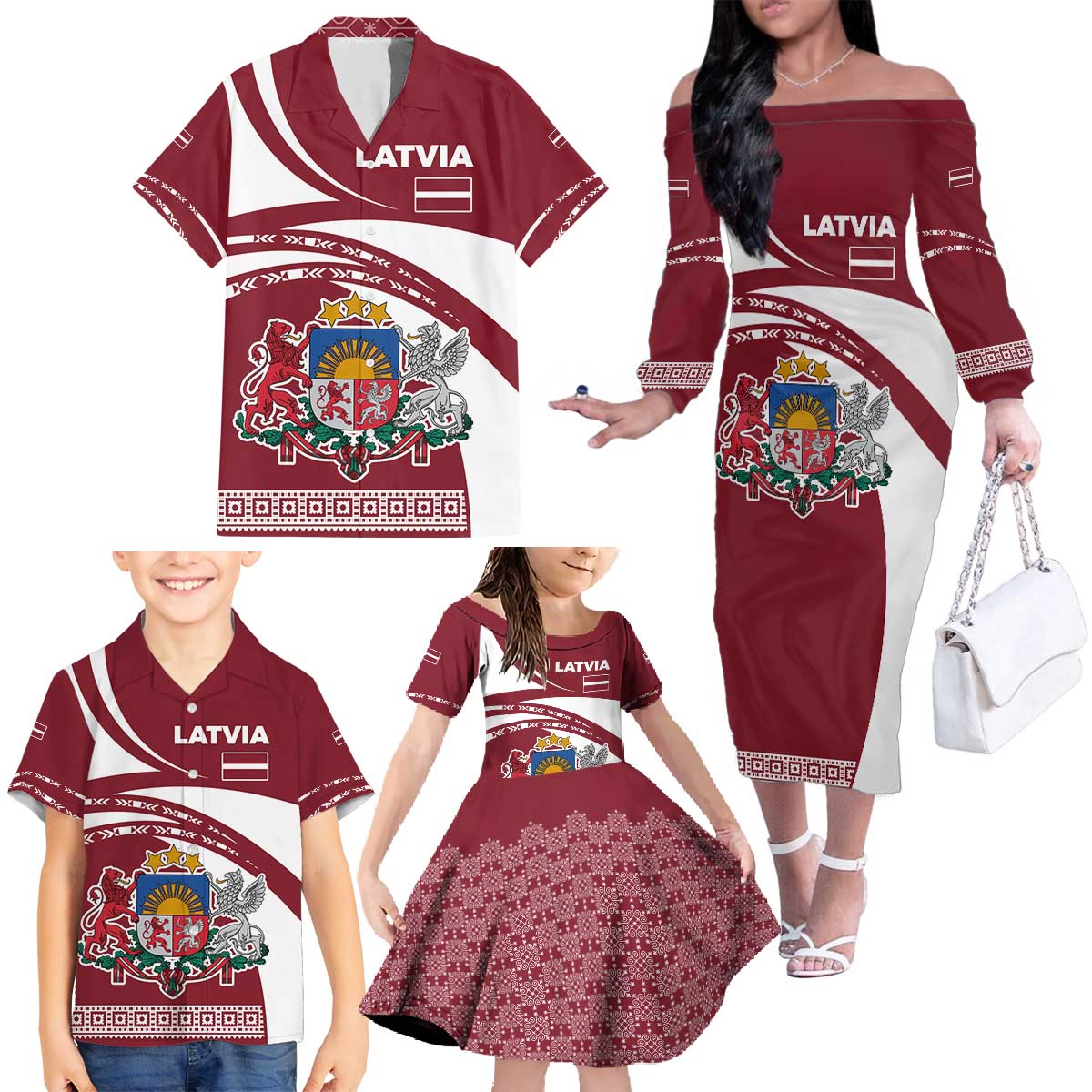 Latvia Family Matching Off The Shoulder Long Sleeve Dress and Hawaiian Shirt with National Coat of Arms and Traditional Folk Patterns