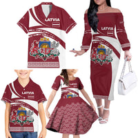 Latvia Family Matching Off The Shoulder Long Sleeve Dress and Hawaiian Shirt with National Coat of Arms and Traditional Folk Patterns