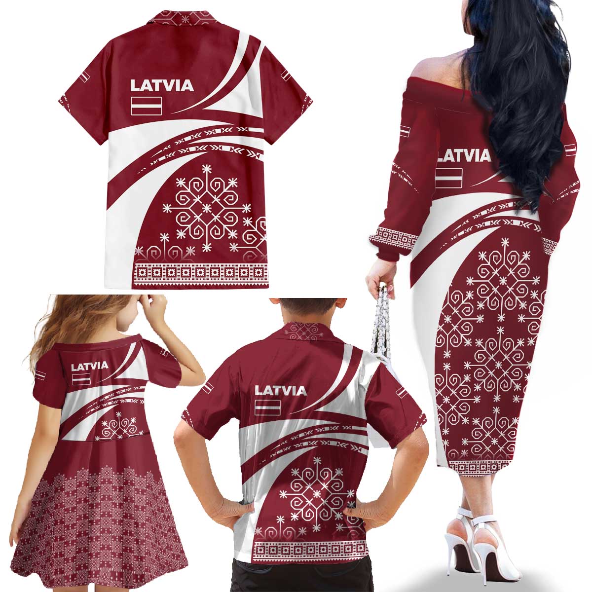 Latvia Family Matching Off The Shoulder Long Sleeve Dress and Hawaiian Shirt with National Coat of Arms and Traditional Folk Patterns