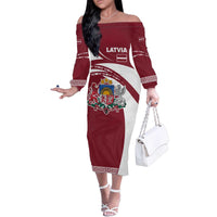 Latvia Family Matching Off The Shoulder Long Sleeve Dress and Hawaiian Shirt with National Coat of Arms and Traditional Folk Patterns