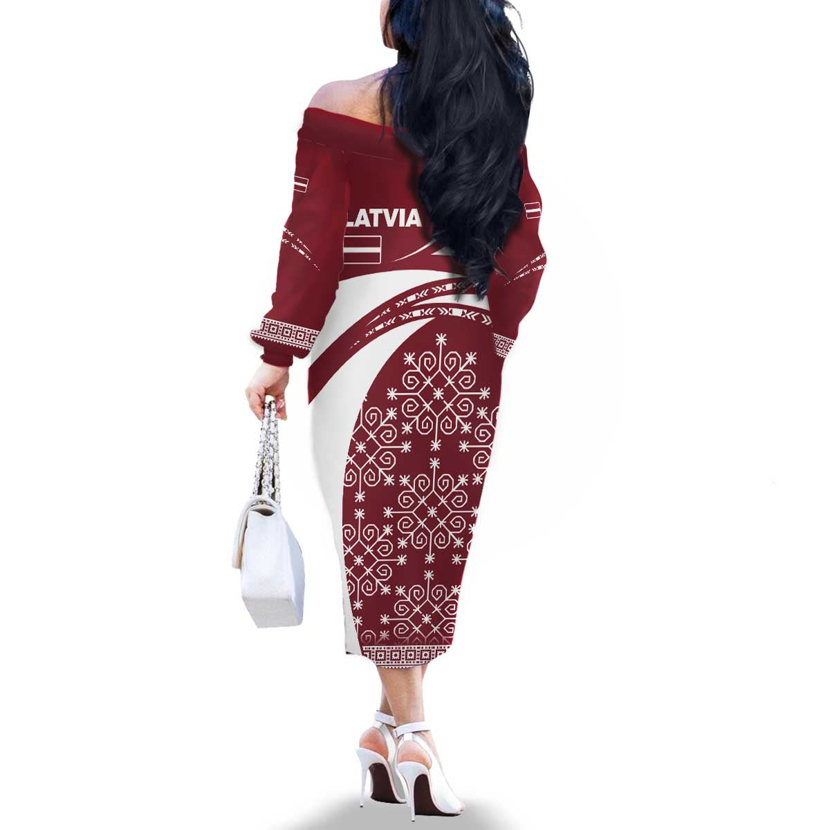 Latvia Family Matching Off The Shoulder Long Sleeve Dress and Hawaiian Shirt with National Coat of Arms and Traditional Folk Patterns