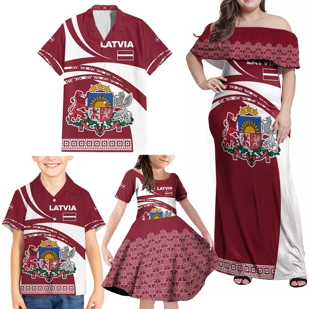 Latvia Family Matching Off Shoulder Maxi Dress and Hawaiian Shirt with National Coat of Arms and Traditional Folk Patterns
