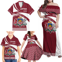 Latvia Family Matching Off Shoulder Maxi Dress and Hawaiian Shirt with National Coat of Arms and Traditional Folk Patterns