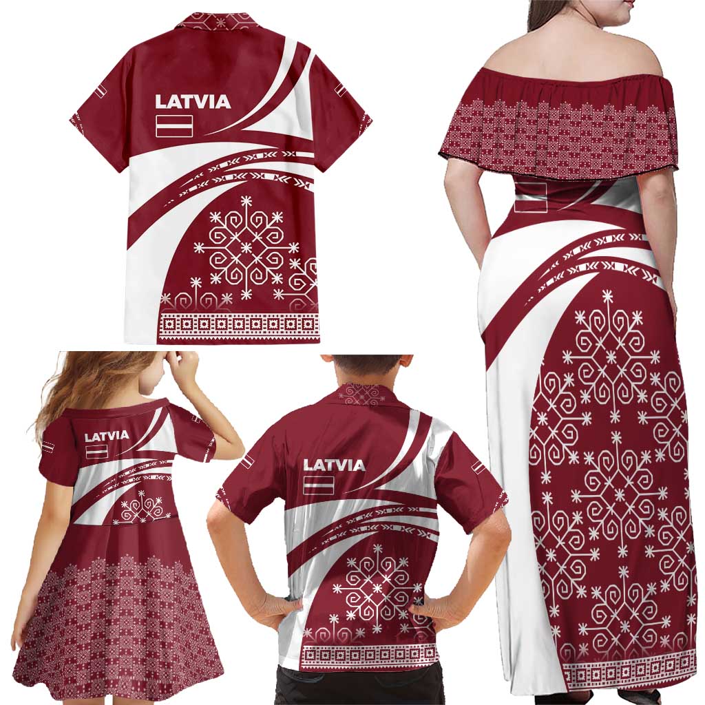 Latvia Family Matching Off Shoulder Maxi Dress and Hawaiian Shirt with National Coat of Arms and Traditional Folk Patterns