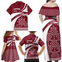Latvia Family Matching Off Shoulder Maxi Dress and Hawaiian Shirt with National Coat of Arms and Traditional Folk Patterns