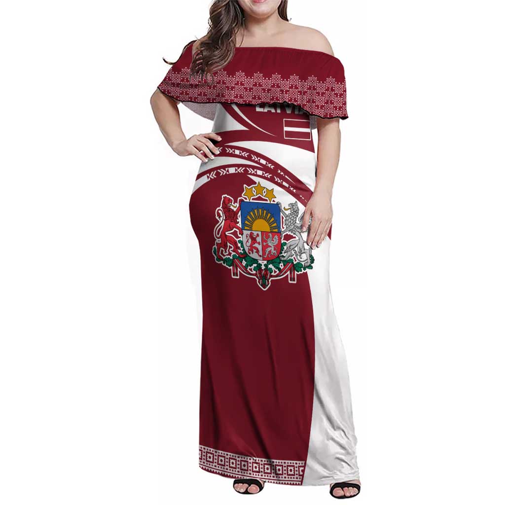 Latvia Family Matching Off Shoulder Maxi Dress and Hawaiian Shirt with National Coat of Arms and Traditional Folk Patterns