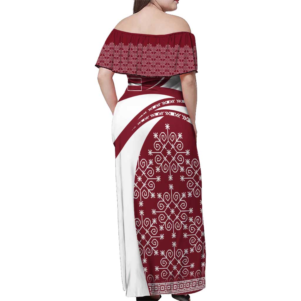 Latvia Family Matching Off Shoulder Maxi Dress and Hawaiian Shirt with National Coat of Arms and Traditional Folk Patterns