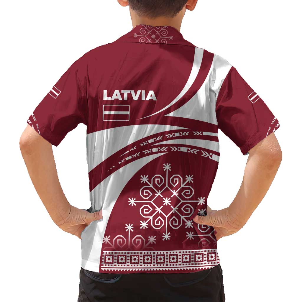 Latvia Family Matching Off Shoulder Short Dress and Hawaiian Shirt with National Coat of Arms and Traditional Folk Patterns