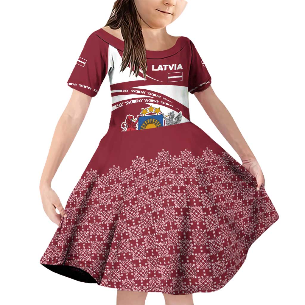 Latvia Family Matching Off Shoulder Short Dress and Hawaiian Shirt with National Coat of Arms and Traditional Folk Patterns