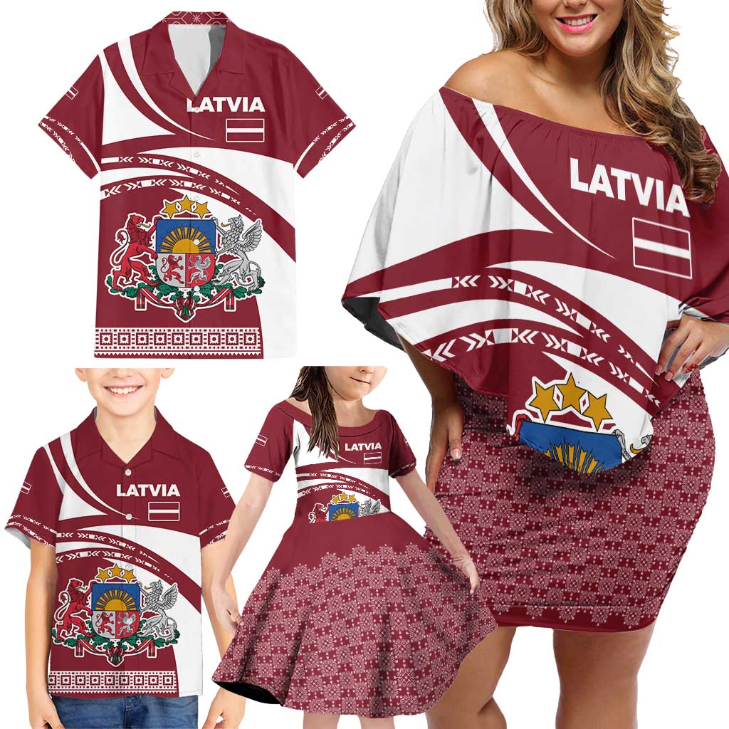 Latvia Family Matching Off Shoulder Short Dress and Hawaiian Shirt with National Coat of Arms and Traditional Folk Patterns