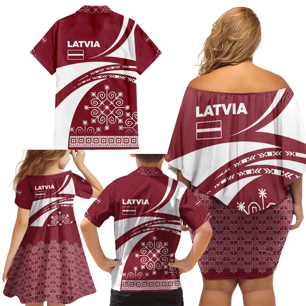 Latvia Family Matching Off Shoulder Short Dress and Hawaiian Shirt with National Coat of Arms and Traditional Folk Patterns