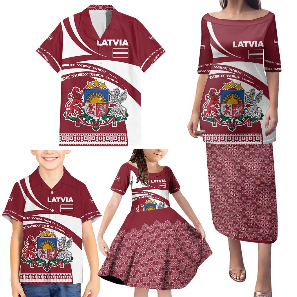 Latvia Family Matching Puletasi and Hawaiian Shirt with National Coat of Arms and Traditional Folk Patterns