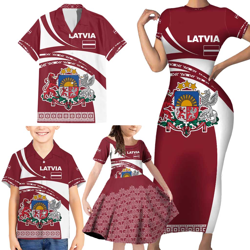 Latvia Family Matching Short Sleeve Bodycon Dress and Hawaiian Shirt with National Coat of Arms and Traditional Folk Patterns