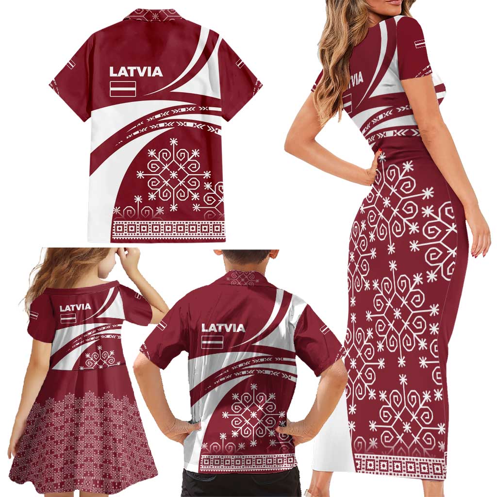 Latvia Family Matching Short Sleeve Bodycon Dress and Hawaiian Shirt with National Coat of Arms and Traditional Folk Patterns