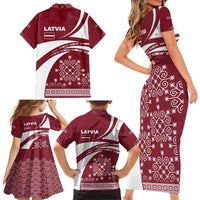 Latvia Family Matching Short Sleeve Bodycon Dress and Hawaiian Shirt with National Coat of Arms and Traditional Folk Patterns