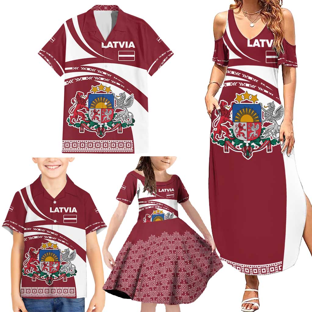 Latvia Family Matching Summer Maxi Dress and Hawaiian Shirt with National Coat of Arms and Traditional Folk Patterns