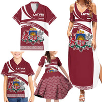 Latvia Family Matching Summer Maxi Dress and Hawaiian Shirt with National Coat of Arms and Traditional Folk Patterns