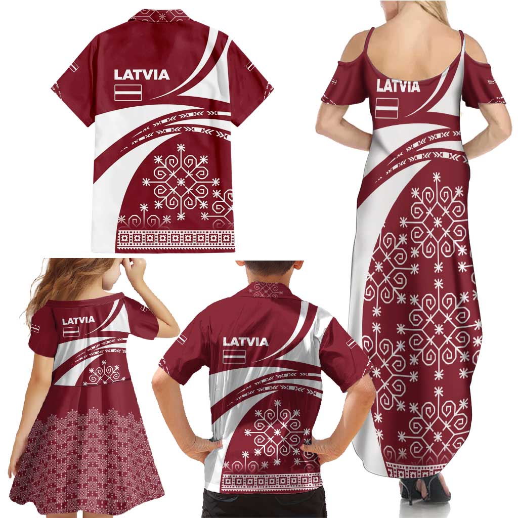 Latvia Family Matching Summer Maxi Dress and Hawaiian Shirt with National Coat of Arms and Traditional Folk Patterns