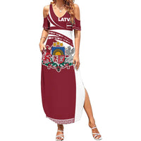 Latvia Family Matching Summer Maxi Dress and Hawaiian Shirt with National Coat of Arms and Traditional Folk Patterns