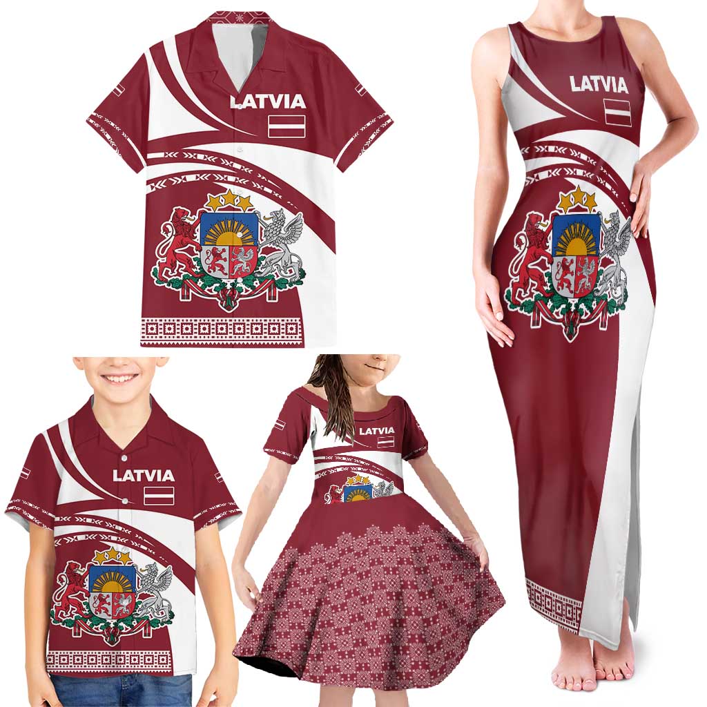 Latvia Family Matching Tank Maxi Dress and Hawaiian Shirt with National Coat of Arms and Traditional Folk Patterns