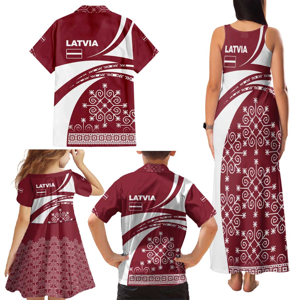 Latvia Family Matching Tank Maxi Dress and Hawaiian Shirt with National Coat of Arms and Traditional Folk Patterns