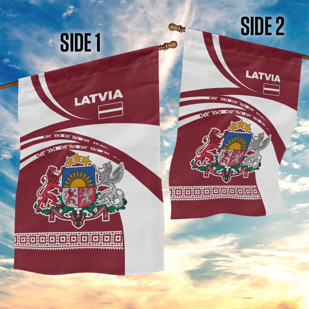 Latvia Garden Flag with National Coat of Arms and Traditional Folk Patterns