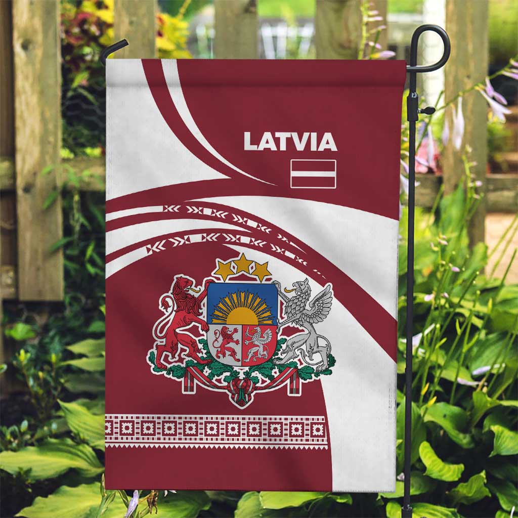 Latvia Garden Flag with National Coat of Arms and Traditional Folk Patterns