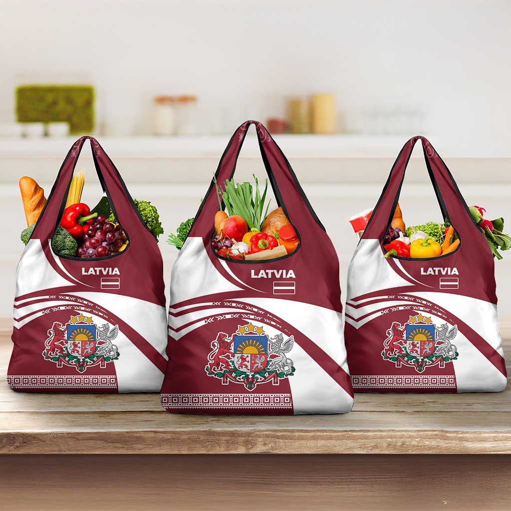 Latvia Grocery Bag with National Coat of Arms and Traditional Folk Patterns