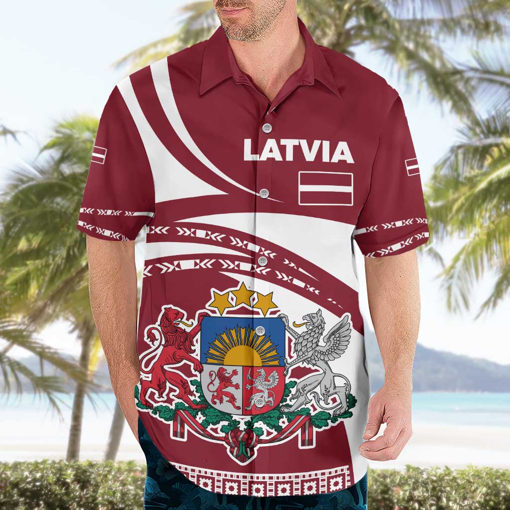 Latvia Hawaiian Shirt with National Coat of Arms and Traditional Folk Patterns