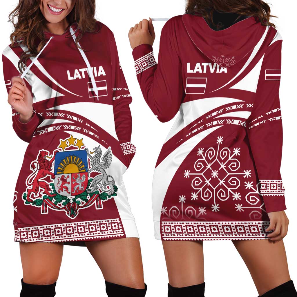 Latvia Hoodie Dress with National Coat of Arms and Traditional Folk Patterns