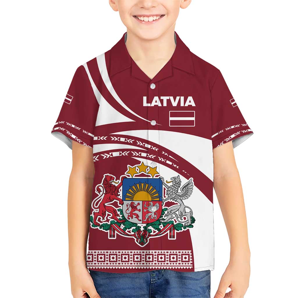 Latvia Kid Hawaiian Shirt with National Coat of Arms and Traditional Folk Patterns