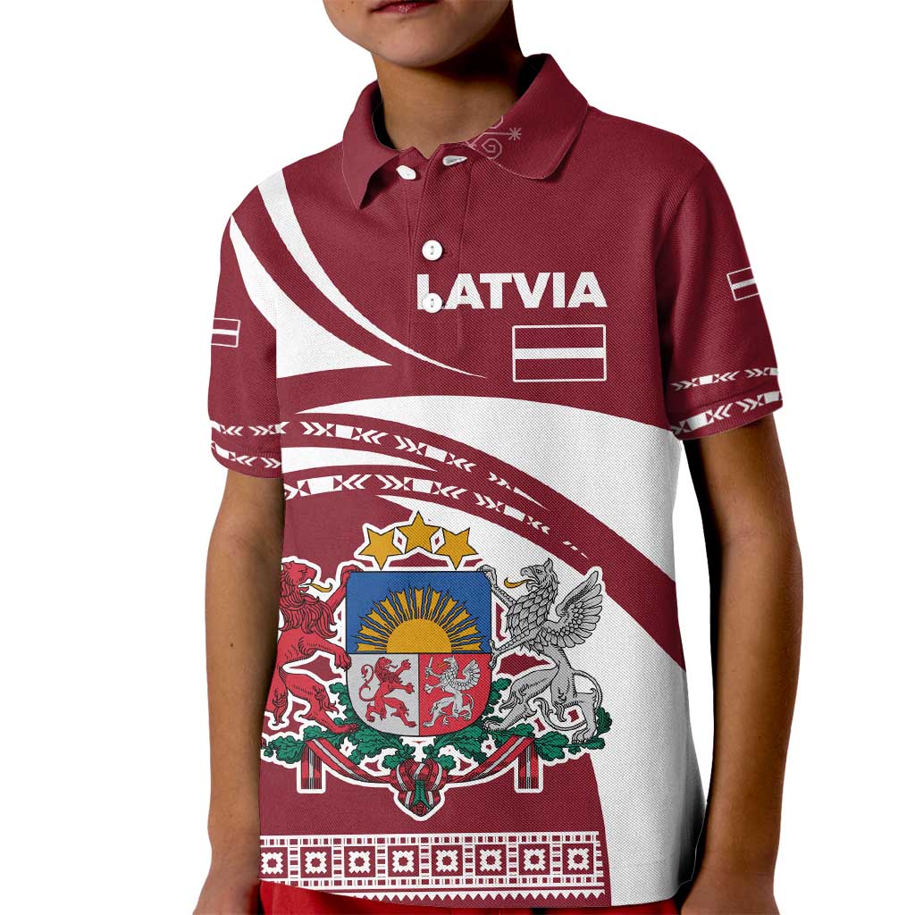 Latvia Kid Polo Shirt with National Coat of Arms and Traditional Folk Patterns