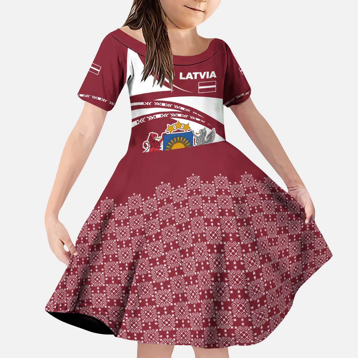 Latvia Kid Short Sleeve Dress with National Coat of Arms and Traditional Folk Patterns