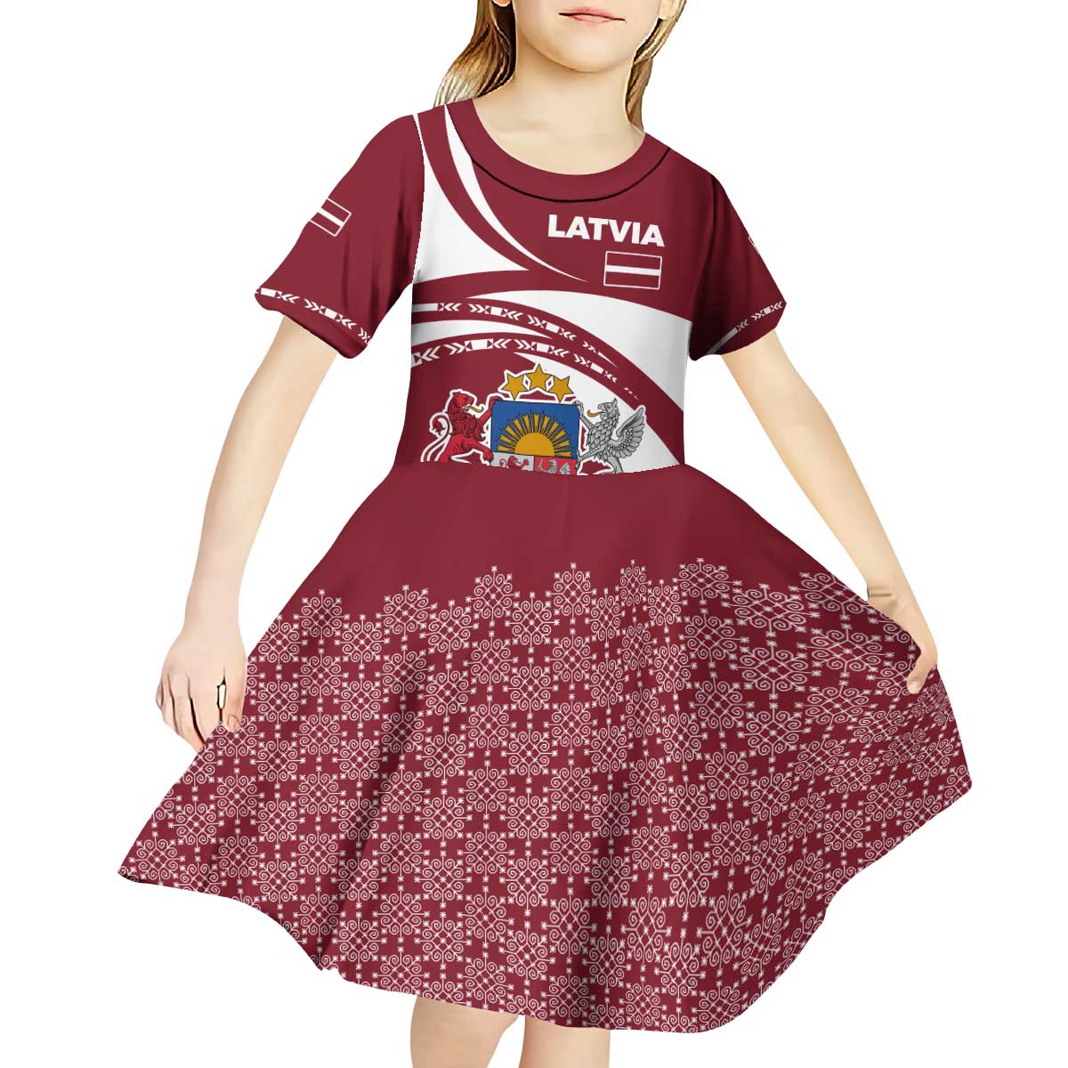 Latvia Kid Short Sleeve Dress with National Coat of Arms and Traditional Folk Patterns