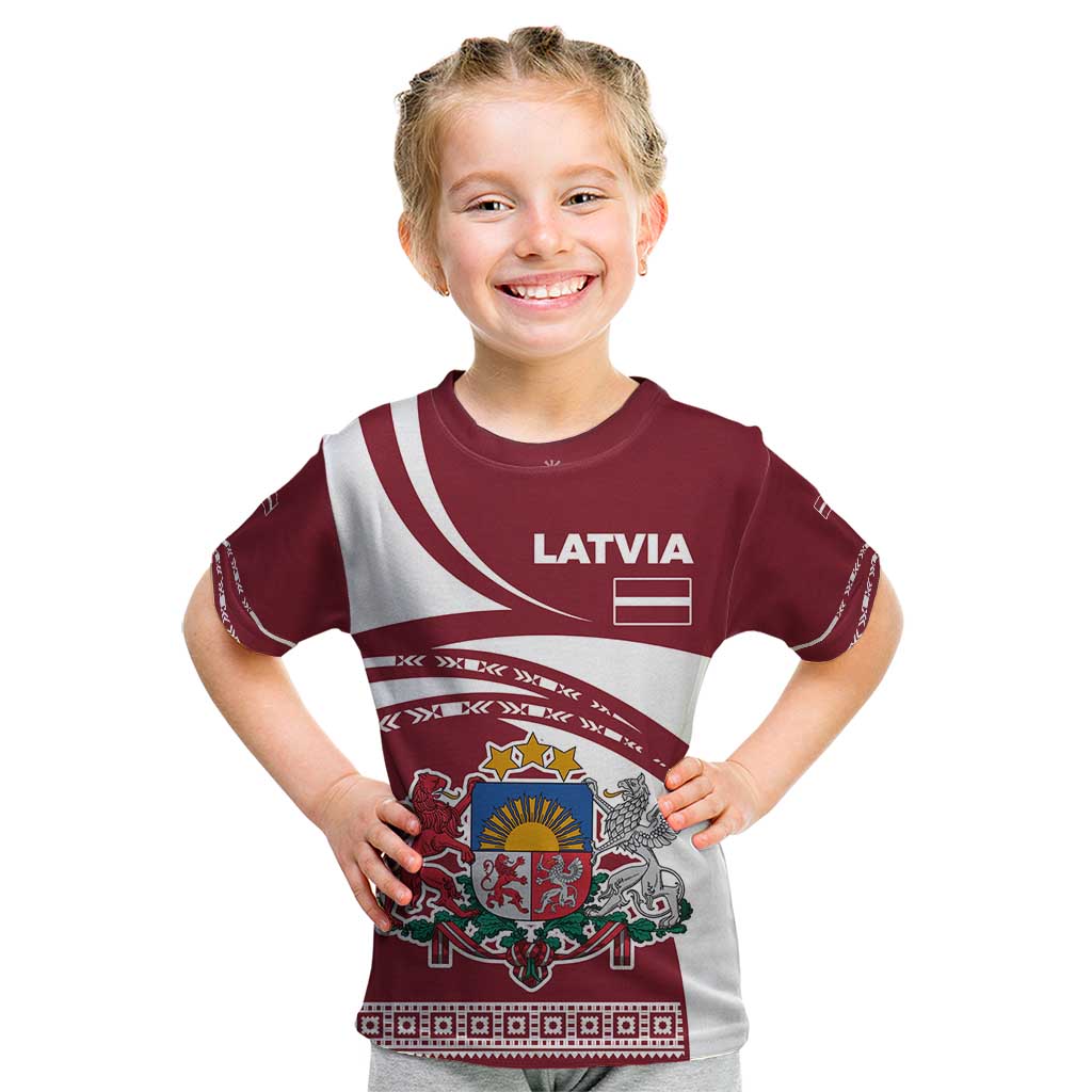 Latvia Kid T Shirt with National Coat of Arms and Traditional Folk Patterns