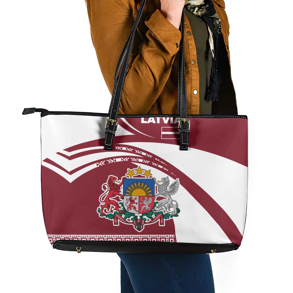Latvia Leather Tote Bag with National Coat of Arms and Traditional Folk Patterns