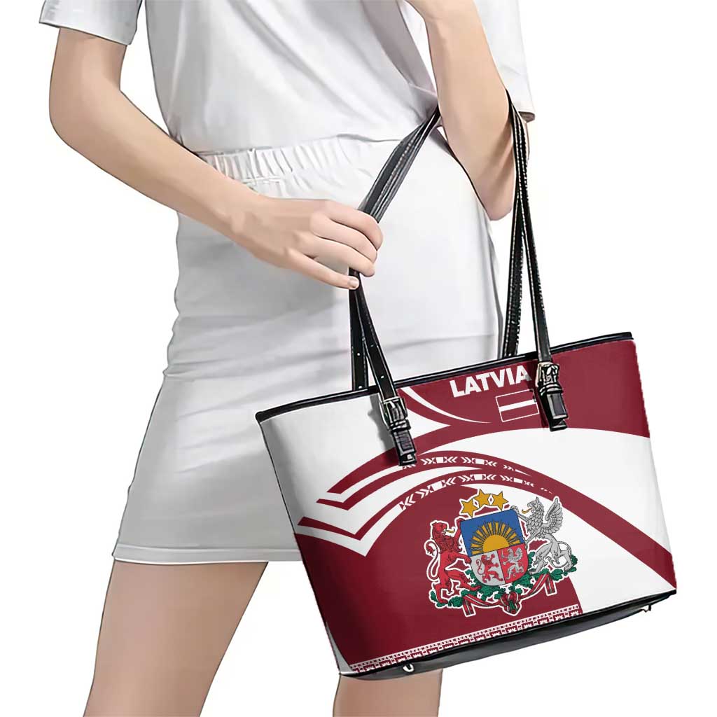 Latvia Leather Tote Bag with National Coat of Arms and Traditional Folk Patterns