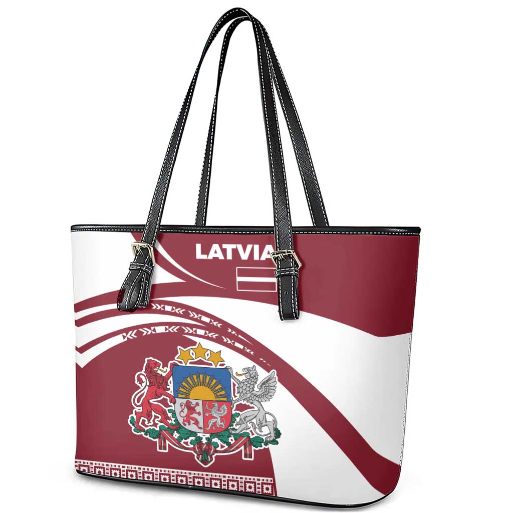 Latvia Leather Tote Bag with National Coat of Arms and Traditional Folk Patterns