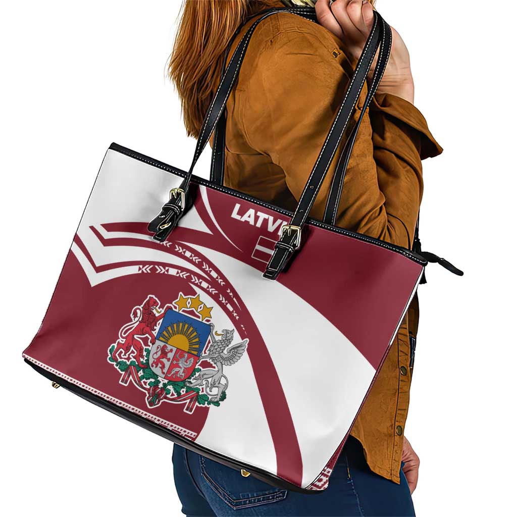 Latvia Leather Tote Bag with National Coat of Arms and Traditional Folk Patterns