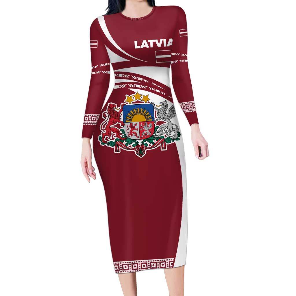 Latvia Long Sleeve Bodycon Dress with National Coat of Arms and Traditional Folk Patterns