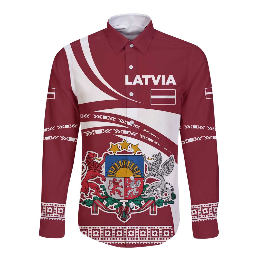 Latvia Long Sleeve Button Shirt with National Coat of Arms and Traditional Folk Patterns