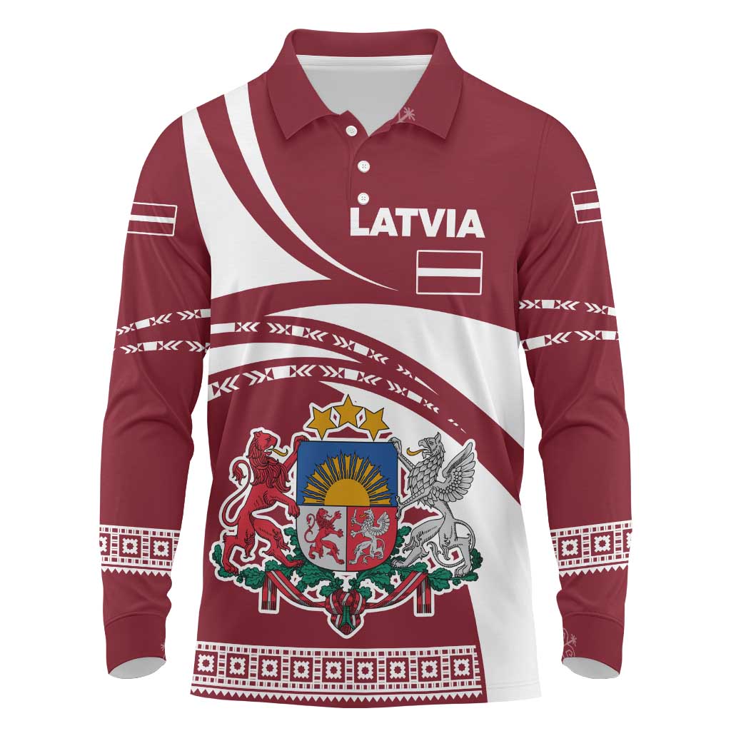 Latvia Long Sleeve Polo Shirt with National Coat of Arms and Traditional Folk Patterns