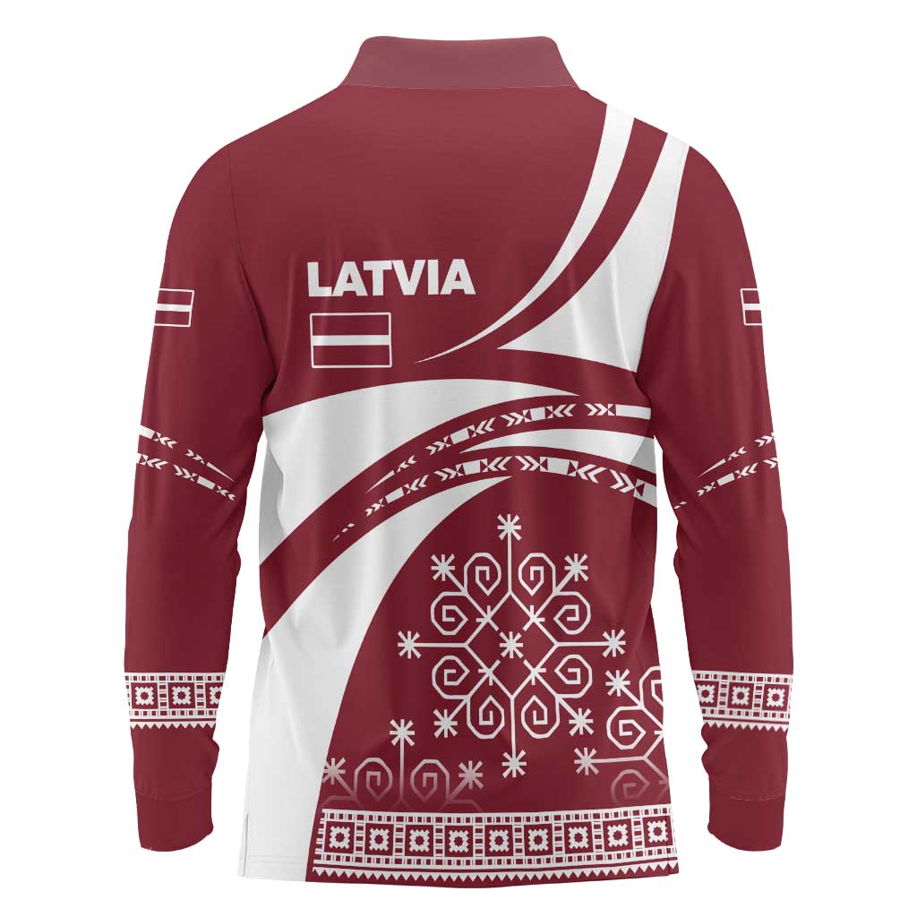 Latvia Long Sleeve Polo Shirt with National Coat of Arms and Traditional Folk Patterns