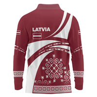 Latvia Long Sleeve Polo Shirt with National Coat of Arms and Traditional Folk Patterns