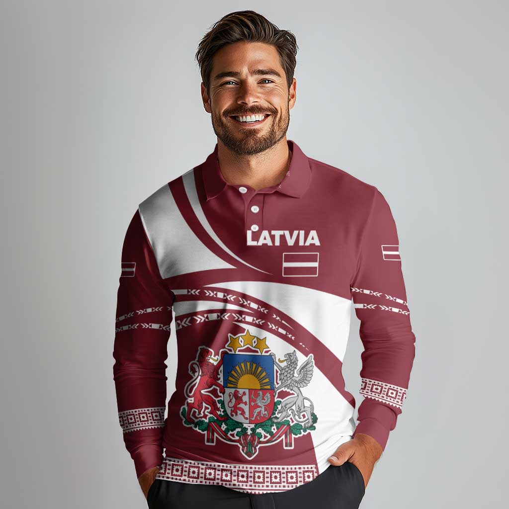 Latvia Long Sleeve Polo Shirt with National Coat of Arms and Traditional Folk Patterns