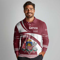 Latvia Long Sleeve Polo Shirt with National Coat of Arms and Traditional Folk Patterns