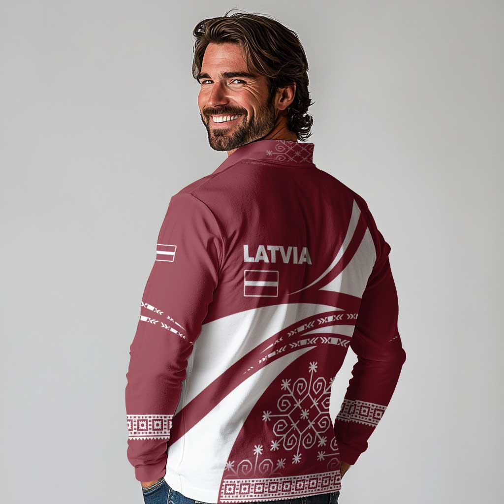 Latvia Long Sleeve Polo Shirt with National Coat of Arms and Traditional Folk Patterns