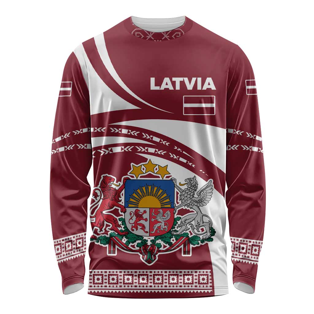 Latvia Long Sleeve Shirt with National Coat of Arms and Traditional Folk Patterns